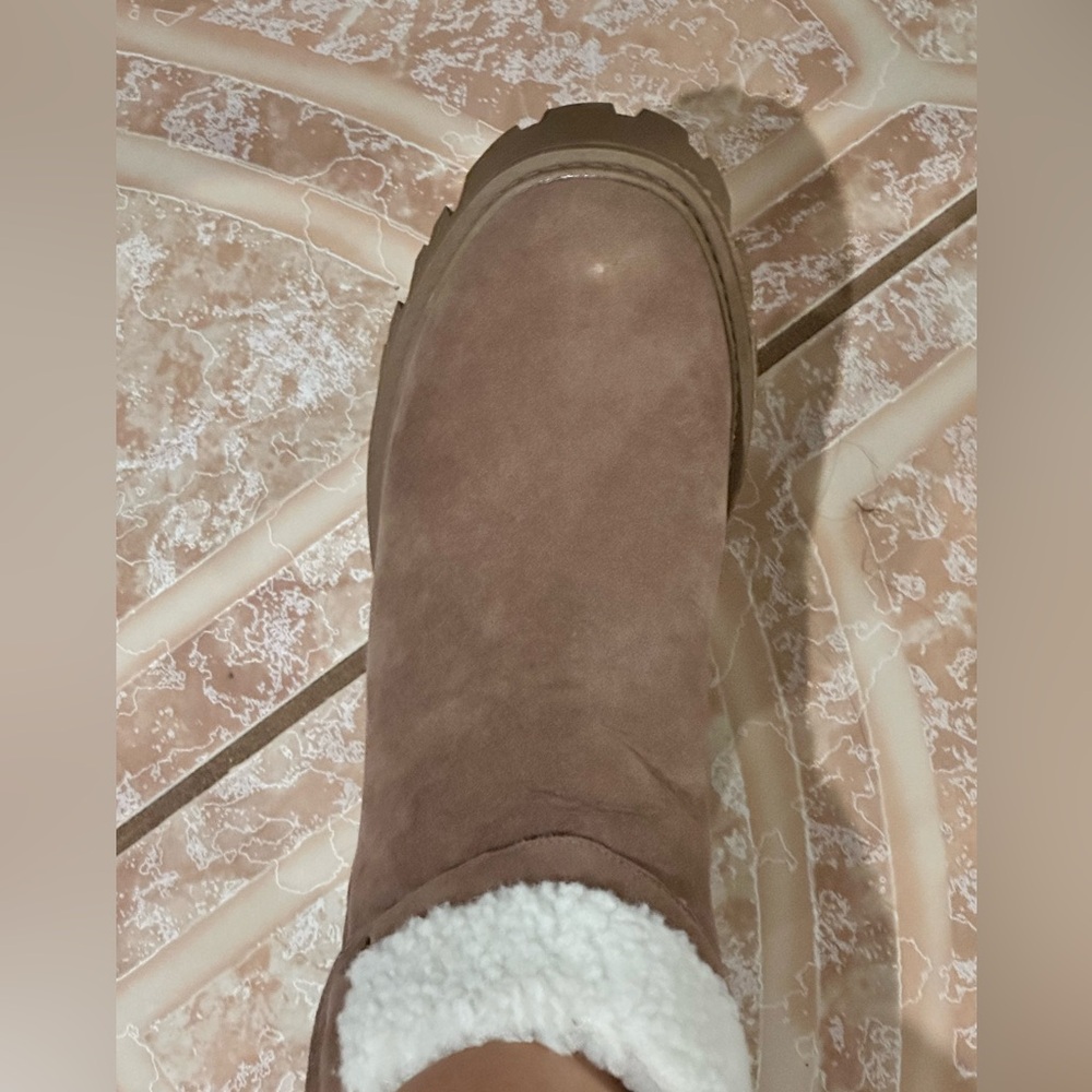 JustFab Tan Heeled Boots with Cream Fur Trim - Picture 13 of 13